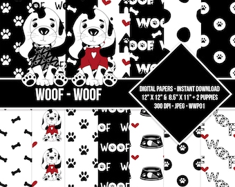 Paw Prints Digital Paper Pack Puppy Dog Seamless Pattern Black Red White Puppy Paw Scrapbooking Commercial Use Instant Download