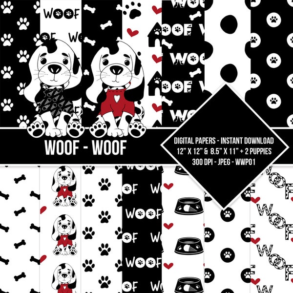 Paw Prints Digital Paper Pack Puppy Dog Seamless Pattern Black Red White Puppy Paw Scrapbooking Commercial Use Instant Download