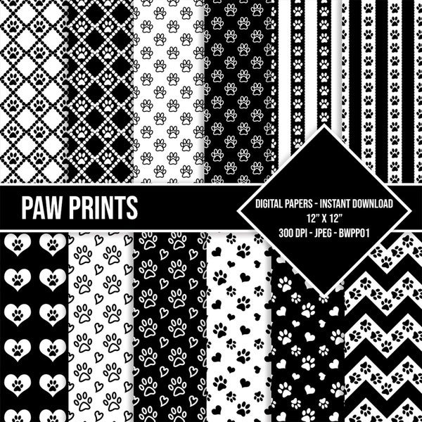 Paw Prints Digital Paper Pack Black and White Cat and Dog Pattern Puppy Paw Digital Paper Commercial Use Instant Download