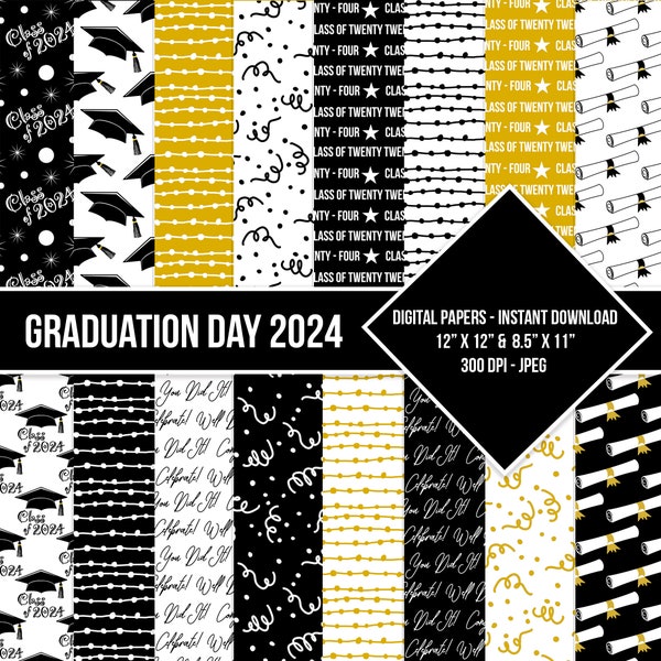 Graduation Day Digital Paper Seamless Pattern Class of 2024 Black White Golden Yellow Digital Grad Paper Backgrounds Instant Download Set 2