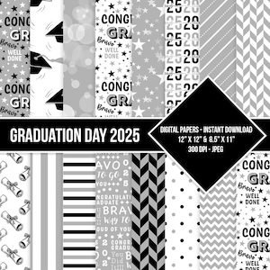 Graduation Day Digital Paper Seamless Pattern Class of 2025 Black Silver Gray White Printable Scrapbook Paper Backgrounds Instant Download