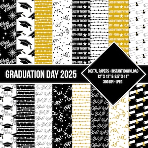 Graduation Day Digital Paper Seamless Pattern Class of 2025 Black White Golden Yellow Digital Grad Paper Backgrounds Instant Download Set 2
