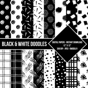 Doodle Digital Paper Black and White Doodles Seamless Pattern Hand Drawn Doodles Scrapbooking Crafts Instant Download Commercial Use