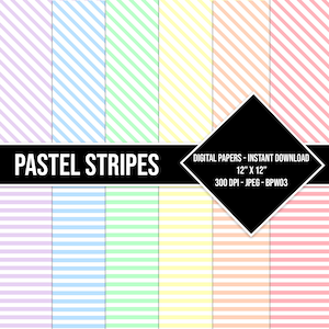 Stripes Digital Paper Set Pastel Colors Thin Lines Paper Pack Seamless Pattern Background Scrapbooking, Craft Use, Commercial Use