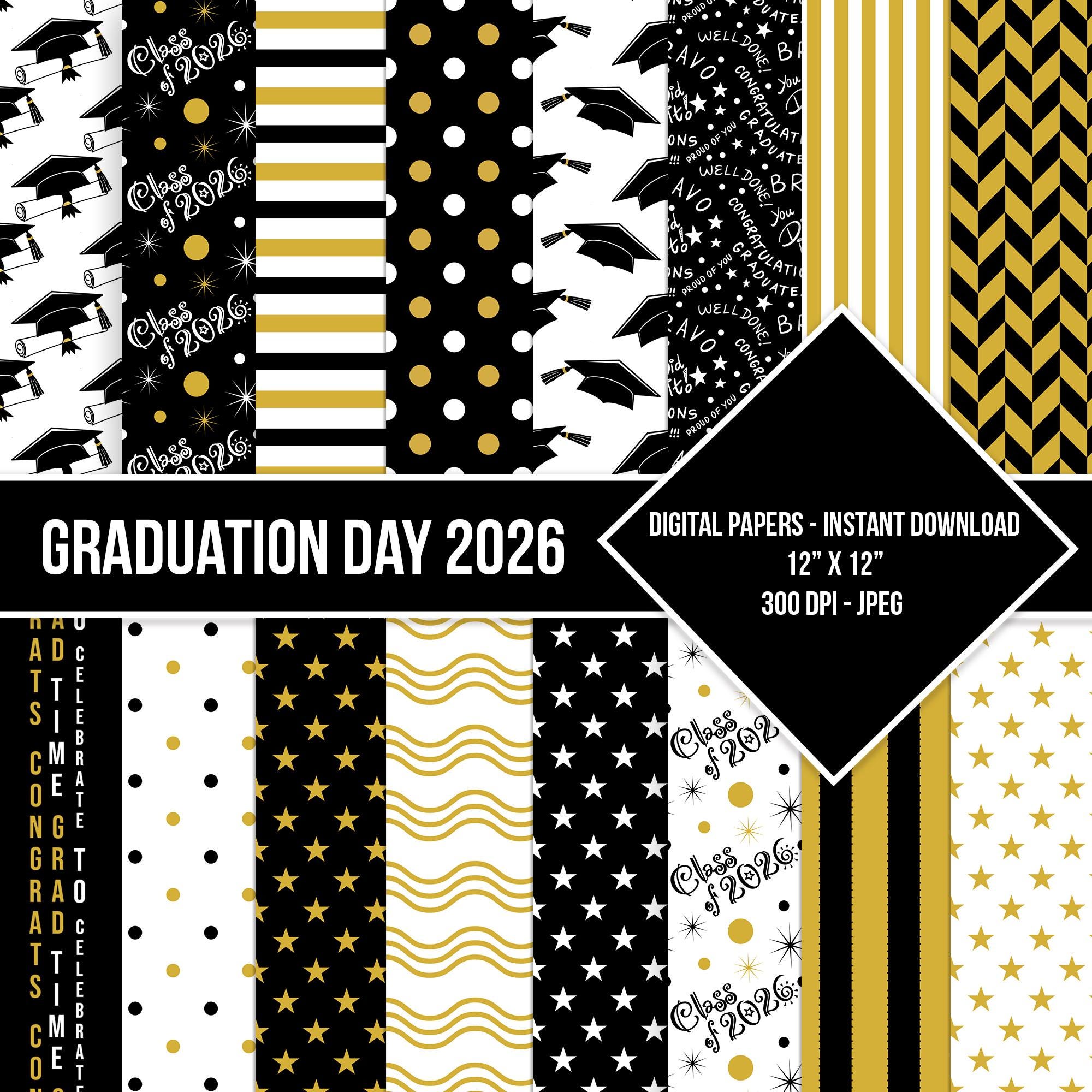 Graduation Day Digital Paper Seamless Pattern Class of 2026 Black White ...
