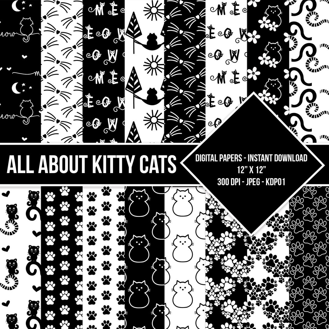 Cat Digital Paper Seamless Pattern Cat Paws Kitty Cats Black White ...