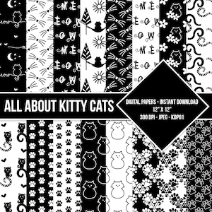 Cat Digital Paper Seamless Pattern Cat Paws Kitty Cats Black White Digital Meow Paper Backgrounds Instant Download Commercial Use