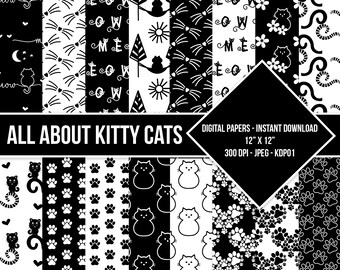May include: A set of 12 digital papers featuring black and white kitty cat designs. The papers are 12 inches by 12 inches and 300 DPI. The designs include paw prints, cats in hammocks, cats with words like "meow" and "purr", and more.