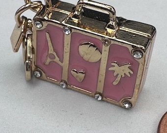 Pink Suitcase Charm, Pink Travel Luggage Charm with Eiffel Tower, Gold Rhinestone Trunk Pendant with Lobster Clasp