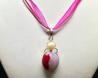 Pink Thulite and Selenite Pendant on Hot Pink Organza