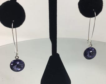 SABRINA- Swarovski Rivioli 12mm Dangle Earrings in Silver Setting, Oval Earwires, in Tanzanite, Purple
