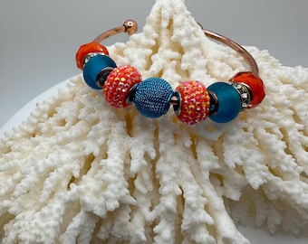 Copper Bangle with Orange and Teal Artisan Beads