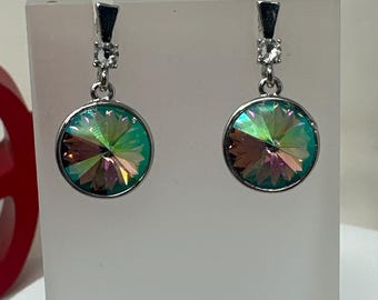 TANYA- Swarovski Crystal Dangle Earrings: Peridot Shimmer, Silver Setting