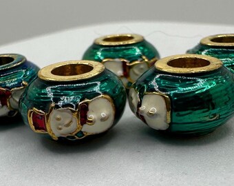 Emaille kerstkralen met groot gat, witte sneeuwpop en gouden accenten, 5 stuks