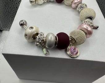 Burgandy and Pink Ethereal Elegance Handcrafted Murano Glass & Swarovski Crystal Charm Bracelet