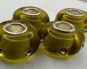 Cuentas de resina de Murano en color verde oliva y con adornos de cristal (4 unidades)