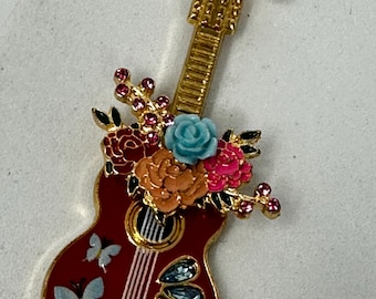 Floral Guitar Charm Pendant, Enamel Roses, Butterflies, Rhinestones Gold Music Gift