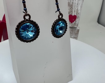 TRISH- Exquisite Swarovski Dangle Earrings on Copper Latch Hook Earwires with Turquoise Bead Detail