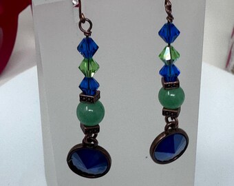 Seahawk Inspired  Dangle Earrings  with Swarovski 12mm Rivioli in Copper Settings and Bicones