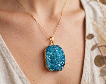 Turquoise Druzy Pendant: Gold Trim Boho Chic Necklace, Gold Rimmed Raw Pendant, Boho Gemstone Jewelry