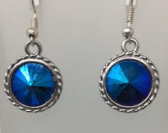 Swarovski Rivioli 10mm Dangle Earrings in Gunmetal Grey Twisted Edge Settings in Blue & Purple