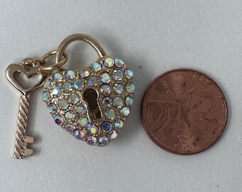 Crystal Gold Heart with Lock and Key, Gold Plated Heart and Key Charm, Crystal Heart Pendant, Rhinestone Heart Lock & Key Charm