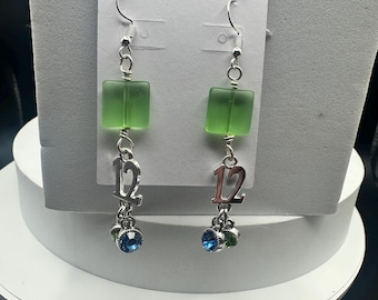 Handmade Seattle Seahawks 12th Man Dangle Earrings with Silver Charms