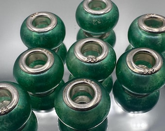 Murano Lampwork Eurobeads Green With Sterling Silver 925 Cores 14mm , 4mm Holes