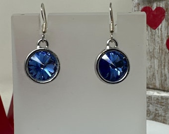 JUSTINE- Swarovski Crystal Dangle Earrings: 12mm Blue Rivioli, Silver Setting