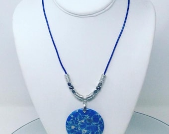 Blue Jasper Agate Pendant Necklace: Handmade Leather Cord, Silver Accents