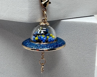 UFO Shaker Charm, Astronaut Space Charm, Blue Glitter Shaker UFO Pendant