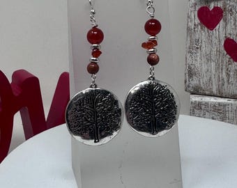 Silver Giving Tree Earrings: Carnelian & Gold Stone Gemstone Accents
