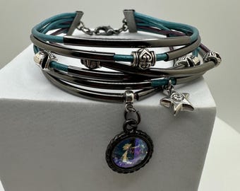 Elegant Leather Blue & Silver Swarovski Charm Bracelet - Unique Handmade Jewelry