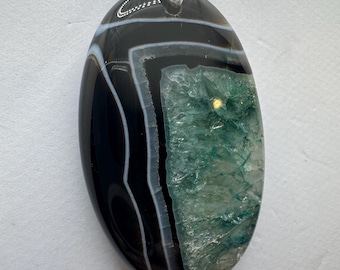 One Of A Kind Agate Turquoise and Black Striped Agate Pendant  Stone with Silver Bail