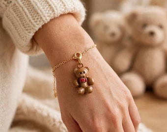 Caramel Brown Teddy Bear Charm – Red Crystal Bowtie, Gold Clasp (18mm)