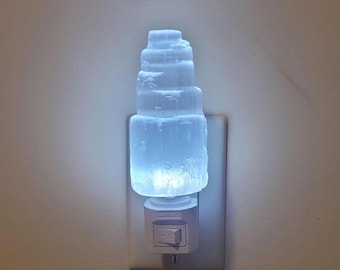 Selenite Night Light Tower Large, on/off button, LED bulb, handcrafted, Authentic Selenite Moroccan