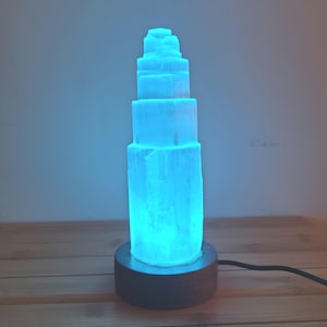 Selenite Tower Lamp, Moroccan Selenite Crystals, Multi Color LEDs, Auto color change, USB Plug, Handmade, Wood base, Authentic Selenite