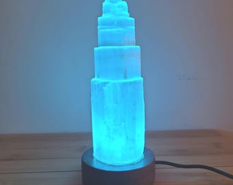 Selenite Tower Lamp, Moroccan Selenite Crystals, Multi Color LEDs, Auto color change, USB Plug, Handmade, Wood base, Authentic Selenite