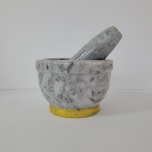 Mortar pestle marble, gold hand painted Stone, handmade, food safe, natural