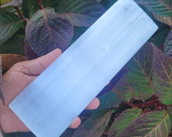 May include: A smooth, white selenite charging plate with a rectangular shape. The plate is held in a hand against a background of green leaves.