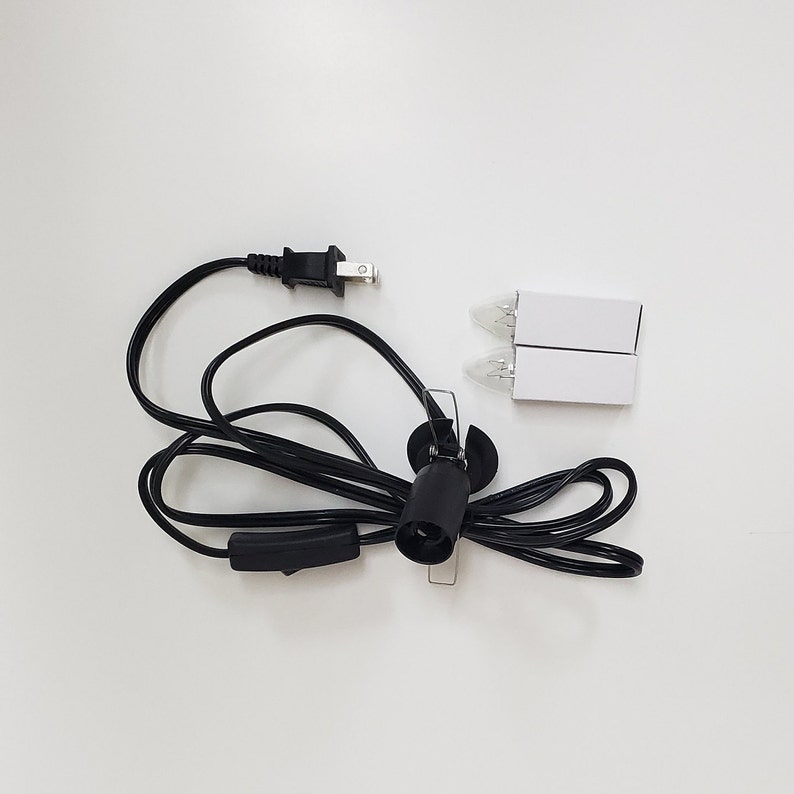 Pu&ograve; includere: Un cavo elettrico nero con una spina, un interruttore in linea e una presa. Sono incluse due lampadine trasparenti.