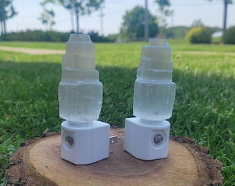 Selenite Night Light with Sensor, handcrafted Tower Nightlight, Authentic Moroccan Crystal