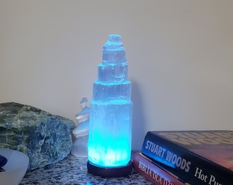 Selenite Tower Lamp, real wood base, Moroccan Selenite Crystals. Multi Color LEDs, USB plug. white crystals, Authentic Selenite, handmade