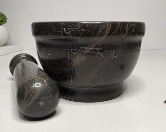 Marble Stone Mortar and Pestle, Chocolate color Handmade Kitchenware, great tool for grinding herbs