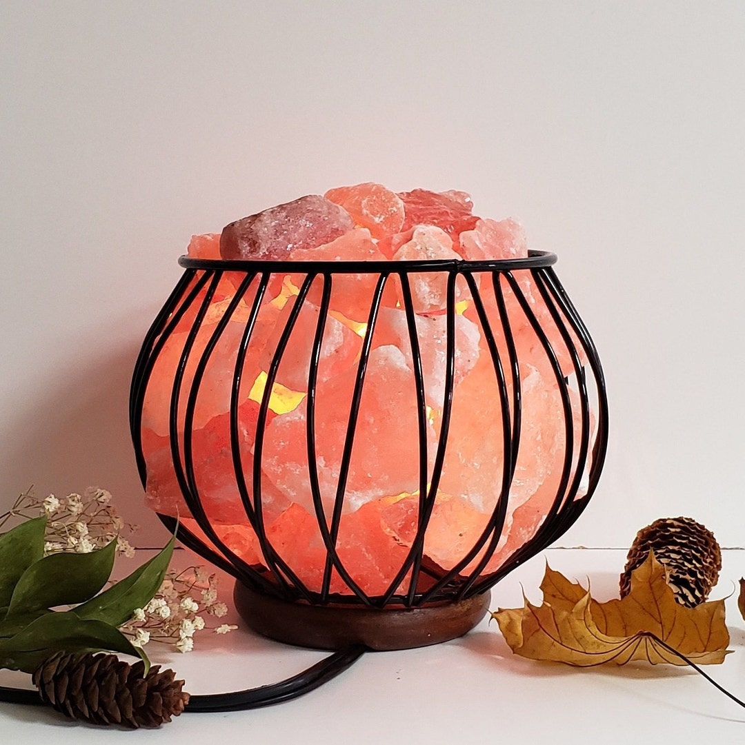 Himalayan Salt Lamp Feng Shui Lamp, Wood Base Basket , Pick Salt Rocks Lamp, Table Lamp, Night