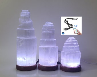 Selenite Tower USB Lamp | Moroccan Selenite Crystals | RGB LEDs with Mobile app control | Premium Quality Selenite & Wood