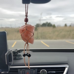 Himalayan Salt Crystal Hemp Macrame Car Charm Rear View Mirror Ornament Car Accessories Car Decor Eco Natural- Mountain Beads