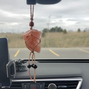 Himalayan Salt Crystal Hemp Macrame Car Charm Rear View Mirror Ornament Car Accessories Car Decor Eco Natural- Mountain Beads