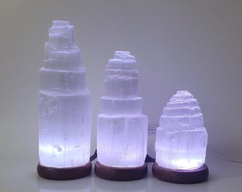 Selenite Tower Lamp  ***Moroccan Selenite Crystals*** | Multi Color LEDs | Auto color change | USB Plug