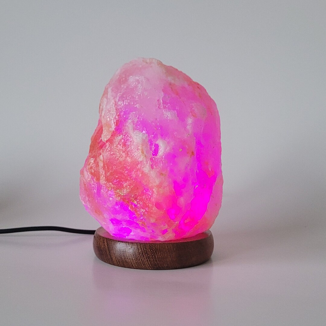 Himalayan Salt USB Lamp Real Wood Base Pink Salt Crystals Multi Color